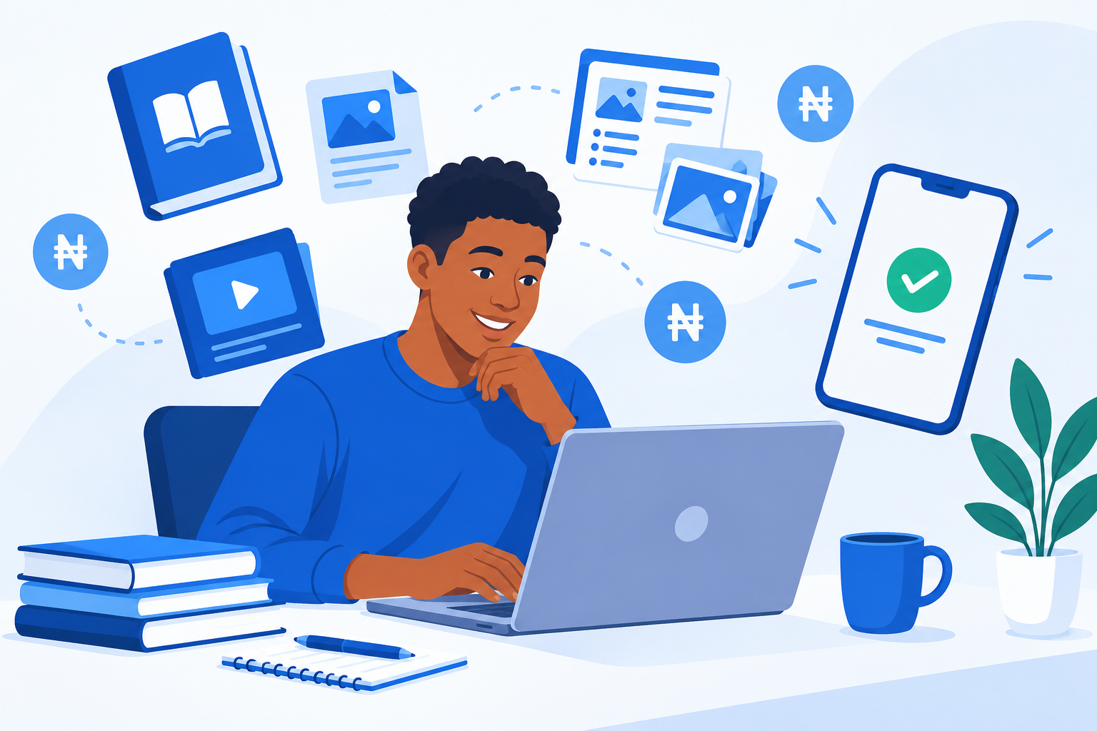 Young Nigerian writer creating and selling digital ebooks from laptop with payment notification