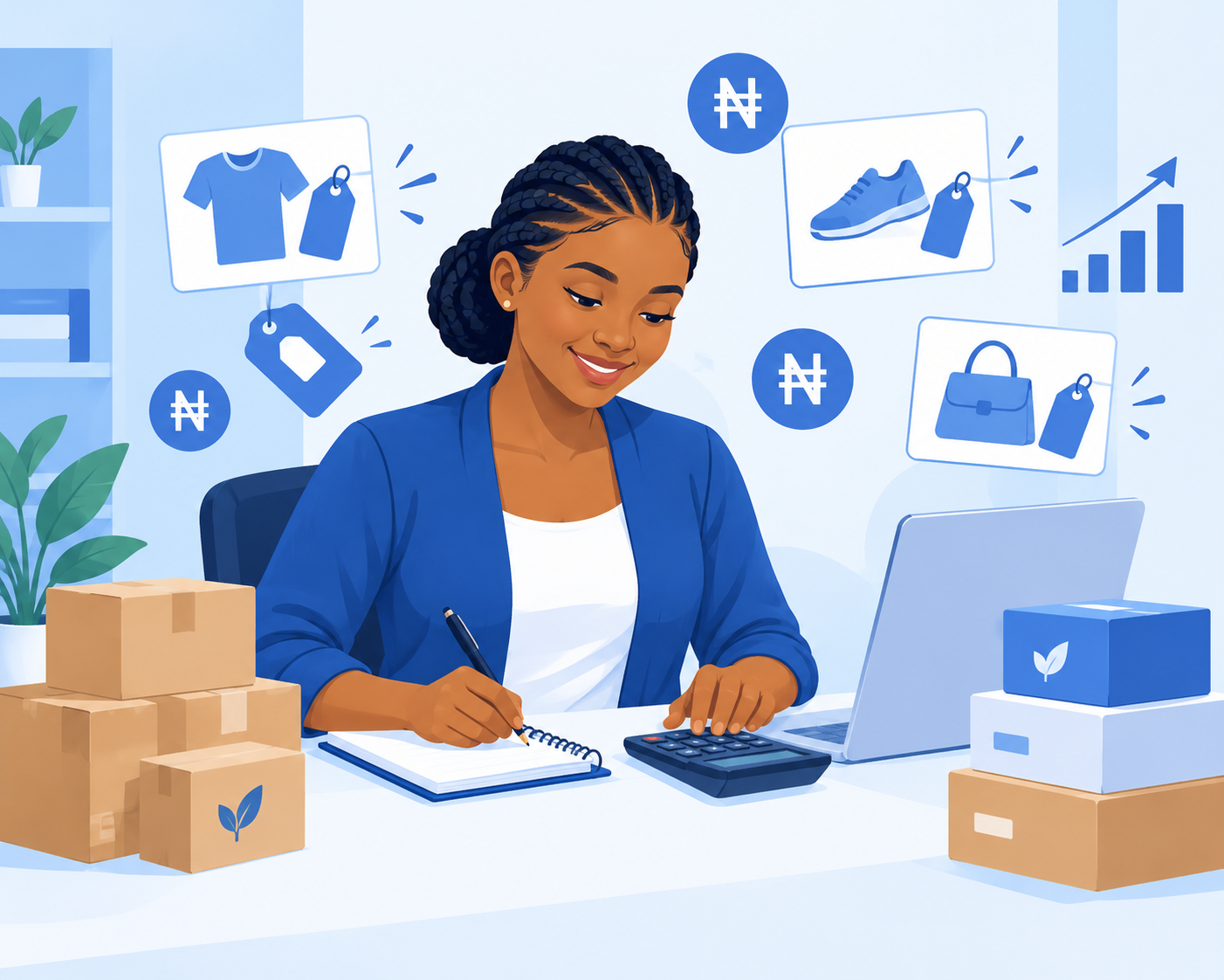 Person calculating prices on calculator with product boxes and price tags on desk