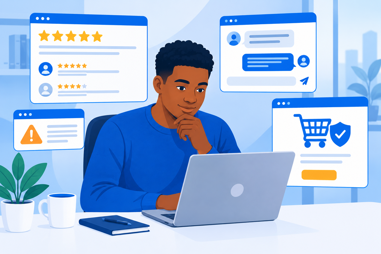 Person at laptop reviewing seller profiles and payment options before making online purchase
