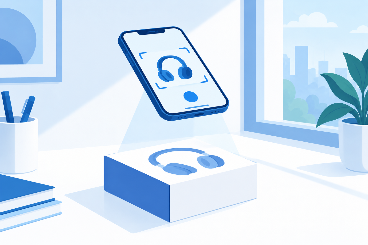 Hand holding smartphone taking photo of product on white surface near window with natural light